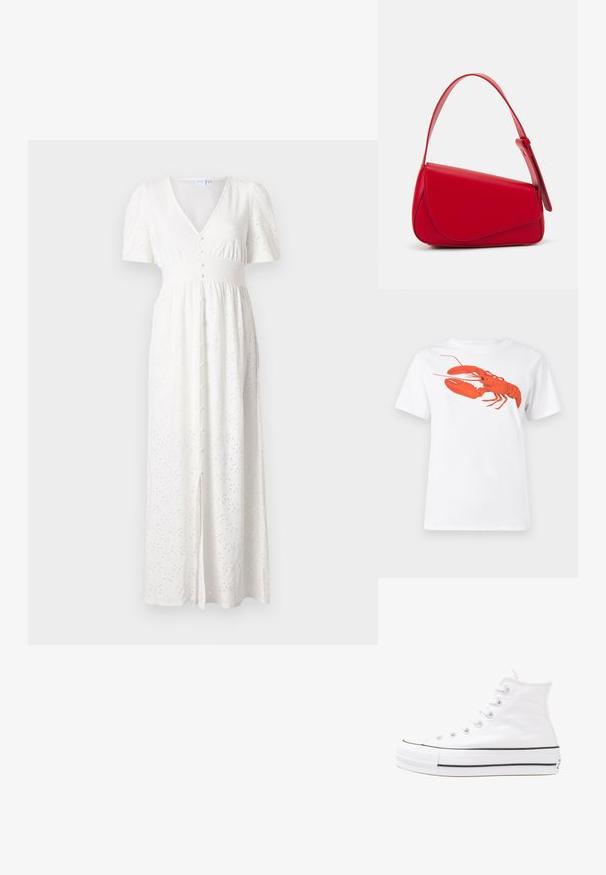 Hvit maxikjole med V-hals, korte pufferm, knappestolpe foran og brodert prikkemønster. Stoffet er lett og har en løs passform.; Hvit bomull t-skjorte med et stort, lyst rødt hummermotiv på fronten. Korte ermer og standard rund hals-design.; Hvit høy-skinn kanvas sneakers med svart gummisåle, gummitåhette foran og seks hull for snorer, med et rent, minimalistisk design.; Rød lærveske med en vinklet, geometrisk design. Har en enkelt justerbar stropp og en klaffelukking med sydd detaljer.