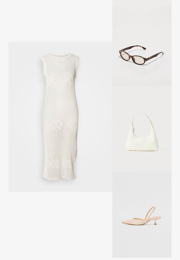 Ilga, balta, be rankovių suknelė, pagaminta iš atvirkštinio mezgimo medžiagos, su gėlių raštais liemens srityje. Tiesios kirpimo siluetas.; Bežinės patentinės odos slingback kulniukai su smailiu priekiniu kraštu ir prašmatniu kvadratiniu kulnu. Lygus paviršius ir minimalizmo dizainas be puošmenų.; Žalios spalvos akinių rėmeliai su apvalia forma ir šviesiais objektyvais. Savybės: tvirtos šakės su mažomis auksinėmis detalėmis, pagamintos iš plastiko.; Maža balta peties rankinė su viena reguliuojama juostele ir užtrauktuko uždarymu, išdėstyta ant vientiso balto fono.