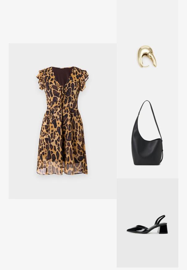 Leopardi-kuosiset mekko, jossa on lyhyet röyhelösleeve, V-pääntie ja solmukohta vyötäröllä, valmistettu kevyestä, läpikuultavasta materiaalista.; Mustat patentoitu nahkakengät, joissa on säären takaosa ja terävä kärki, sekä geometrinen palikkakorko. Sisältää tyylikkään, minimalistisen muotoilun ja sileän pinnan.; Musta nahkainen hobo-laukku, jossa on sileä pinta, kaareva muoto ja yksi säädettävä olkahihna; sisäänkäynti on leveä ylhäältä.; Kultahipuinen korvakoru, jossa on sulavalinjainen, kaareva muotoilu. Ominaisuuksiin kuuluu erottuva terävä muoto, kiillotettu pinta ja sarana kiinnitys.