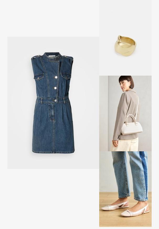 Rochie din denim fără mâneci, de culoare albastru închis, cu guler înalt, nasturi argintii, două buzunare la piept, talie ajustată cu centură și fustă plisată.; Sandalete plate de un roz pal cu vârf ascuțit, realizate dintr-un material asemănător pielii, neted. Prezintă detalii decupate pe laterale și un toc plat.; Geantă structurată albă, cu mânere scurte și curea de umăr, având accente din metal aurit și material texturat, expusă pe un fundal gri.; Iarba de aur cu un design neted, răsucit. Prezintă o suprafață lustruită și marginile rotunjite, creând o formă fluidă, continuă.