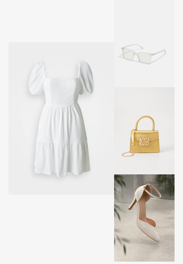 Balta kleita ar kvadrātveida izgriezumu, pūkainām piedurknēm un struktūrētu audumu. Iespējo daudzslāņotu svārku, kas beidzas virs ceļa. Nav redzamu rakstu.; Balta augstpapēžu kurpe gludā materiālā ar smailu purngalu un potītes siksniņu. Iekšpuse ir gaiši brūna, un ir zelta tonī detalizējumi.; Caursplūstošas kvadrātveida brillēs ar caurspīdīgiem lēcām, ar zelta akcentiem uz tempļiem, lai pievienotu detaļas.; Dzeltena mākslīgā krokodila roku soma ar strukturētu dizainu, augšējo rokturi, noņemamu ķēdes siksniņu un dekoratīvām kristāla rotājumiem aizdares daļā.