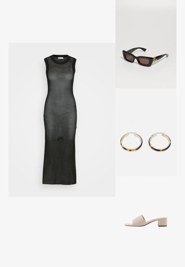 Schwarzes ärmelloses Maxikleid aus Mesh-Strickstoff, mit figurnaher Silhouette und Rundhalsausschnitt, sowie einem langen Seiten-Schlitz.; Beige Blockabsatzsandale mit breitem Riemen und offenem Zeh. Glattes Material und elegantes Design. Kurzer, stabiler Absatz für mehr Stabilität.; Schwarz schildpattfarbene Sonnenbrille mit rechteckigen Gläsern, braunem Farbton, dickem Rahmen und goldenen Doppel-G-Logo-Details an den Schläfen.; Goldfarbene Creolen Ohrringe mit einem äußeren Rand aus tortoiseshell-musterendem Harz, die eine glatte Oberfläche und eine schlanke, runde Form aufweisen.