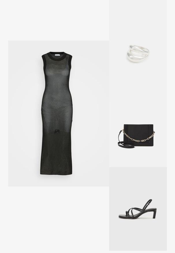 Juodas be rankovių maksi suknelė, pagaminta iš tinklinio trikotažo, su prigludusia siluetu ir apvali iškirpte, turinti ilgą šoninių plyšį.; Juodi šlepetės su kvadratiniu pirštu ir žemu bloku kulnu. Yra keli ploni dirželiai ir reguliuojamas kulkšnies diržas. Pagaminti iš lygios odos.; Juodas odinis per petį nešiojamas krepšys turi lygų paviršių, stačiakampio formą ir metalinę grandinėlę priekyje. Pridedama reguliuojama dirželis.; Sidabrinis dvigubas žiedas su lygiu, poliruotu paviršiumi. Pasižymi sklandžiu, kreiptu dizainu su persipinančiomis dalimis, suteikiančiomis modernų išvaizdą.; Sidabrinis dvigubas žiedas su lygiu, poliruotu paviršiumi. Pasižymi sklandžiu, kreiptu dizainu su persipinančiomis dalimis, suteikiančiomis modernų išvaizdą.