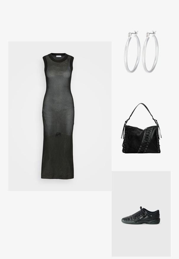 Abito maxi senza maniche nero realizzato in tessuto a maglia a rete, con una silhouette aderente e scollatura a girocollo, dotato di una lunga fenditura laterale.; Scarpa sportiva in pelle nera con un design trapuntato, punta rotonda, allacciatura frontale e suola in gomma. Presenta un marchio discreto sul lato.; Desigual Borsa a tracolla - black; Orecchini a cerchio in argento con una finitura liscia e lucida. Forma rotonda e chiusura a scatto sicura. Design leggero adatto per l'uso quotidiano.