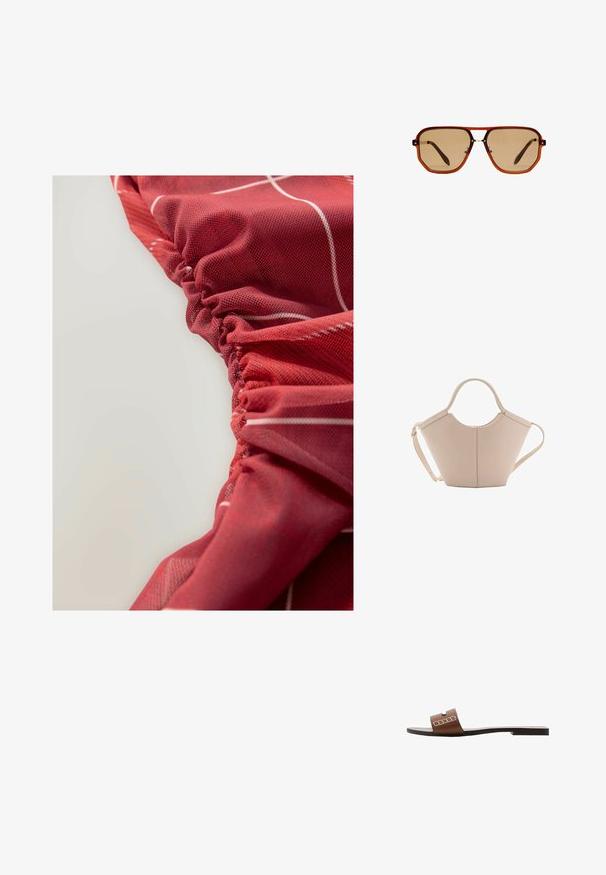 Crvena, teksturirana tkanina s nabranošću i bijelim linijskim uzorcima, koja prikazuje glatku i lagano sjajnu površinu.; Smeđe kožne sandale s ravnim potplatom, s širokom trakom i bijelim geometrijskim naglascima za minimalistički dizajn.; Smeđe osmerokutne naočale za sunce s prozirnim jantarno smešanim okvirom i smešanim lećama. Sadrže metalni detalj na nosu i vitke tempere.; Bež kožna torba jedinstvenog oblika, s dva kratka ručka i dugom podesivom trakom. Glatka tekstura s minimalnim metalnim dodacima.