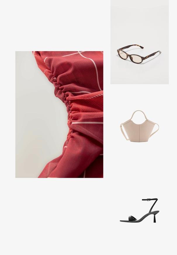 Tissu rouge texturé avec des détails plissés et des motifs linéaires blancs, présentant une apparence lisse et légèrement brillante.; Bershka Sandales à talons hauts - black; Lunettes de soleil écaille de tortue avec une forme arrondie et des verres clairs. Présentent des branches robustes avec de petites accents dorés, fabriquées en matériau plastique.; Sac à main en cuir beige avec une forme unique, doté de deux poignées courtes et d'une longue sangle réglable. Texture lisse avec un minimum de matériel.