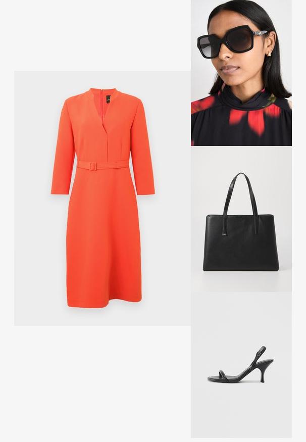 Bright orange dress with a V-neck and a belted waist. Features long sleeves and a back zipper, crafted from smooth, textured fabric.; Black leather high-heeled sandals with a slim, curved heel and a crossed strap design. Adjustable ankle strap. Smooth texture.; Black oversized sunglasses with a geometric frame, dark tinted lenses, and gold-tone accent hardware, worn with a floral pattern high-collared top.; Black leather tote bag with two long handles, rectangular shape, textured surface, and minimalistic design. No visible hardware or accents.