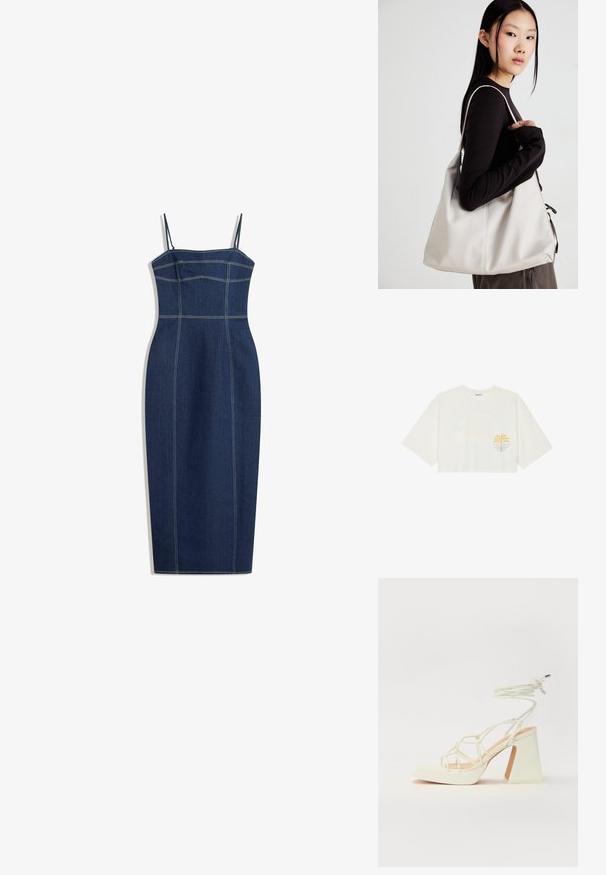 Traper haljina tijelo s tankim podesivim trakama, tamnoplave boje, s kontrastnim žutim šavovima i prilagođenim siluetom.; Skraćena bijela majica od pamuka s kratkim rukavima, s grafikom žute palme i plave vala na lijevoj strani prsnog dijela.; Bijela sandala na visokoj potpetici s debelim petom, s remenom i vezanjem oko gležnja. Glatka tekstura s platformom sprijeda za dodatnu visinu.; Bežna torba od mekog materijala s opuštenim dizajnom, šivanim detaljima i dva remena za rame. Pogodna za svakodnevnu upotrebu.