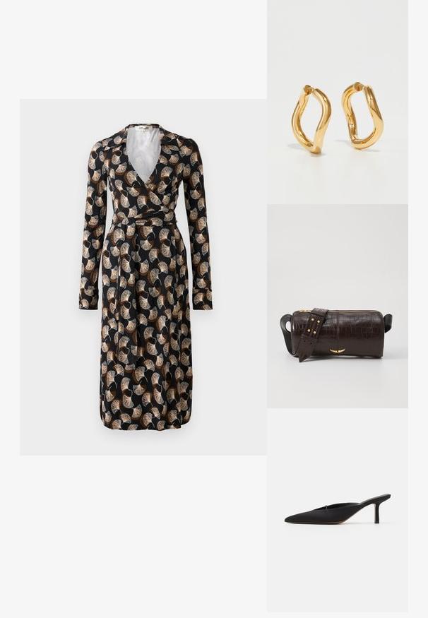 Črna obleka zavita z dolgimi rokavi in rjavobeznimi listi v obliki ventilatorja, z ovratnikom in pasom z vezalko.; Črne mule s ostrimi prsti in elegantno zasnovo, narejene iz gladkega blaga, z ozkim peto in odprtim zadnjim delom za enostavno obuvanje.; Brah blaženka iz rjavega usnja z embosiranim krokodilom, cilindrične oblike, zlatih kovinskih elementov in odstranljivim pasom, ki vsebuje žebljičke.; Zlate uhane iz krogov s krivuljasto, nepravilno obliko in gladko, polirano površino. Brez vidnih dodatkov ali okrasitev.
