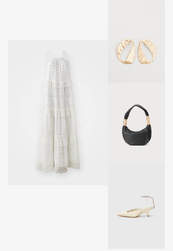 Weißes Maxikleid mit Spaghettiträgern, ausgestattet mit geschichteten Rüschen, Spitzenakzenten und horizontalen Streifen. Leichter Stoff.; Cremfarbene spitz zulaufende Slingback-Absätze mit dünnem vorderen Riemen und verziertem Knöchelriemen auf weißem Hintergrund.; Schwarze Lederhandtasche mit runder Form, weicher Textur und einem geknoteten Griff mit goldfarbenen Hardware-Akzenten. Reißverschlussverschluss.; Ein Paar unregelmäßige, oval geformte Ohrringe aus goldfarbenem Metall mit einer strukturierten, leicht gehämmerten Oberfläche auf weißem Hintergrund.