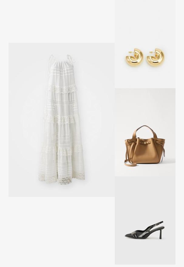 Robe maxi blanche à bretelles spaghetti, présentant des volants superposés, des détails en dentelle et des rayures horizontales sur toute la surface. Tissu léger.; Chaussure slingback en cuir verni noir avec un embout pointu, des brides de cheville avec des boucles en argent et des éléments en métal, et un talon fin.; Tory Burch ROMY PEBBLED SATCHEL - Sac à main - tiramisu; Boucles d'oreilles en métal doré en forme de créole, au design brillant et incurvé. Elles affichent une forme de demi-lune avec des surfaces lisses et une fermeture à tige.