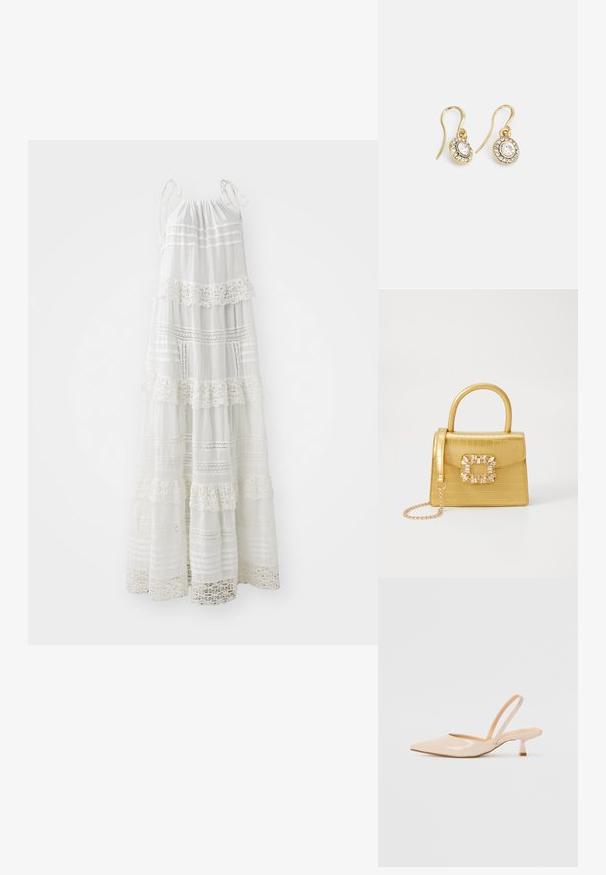 Balta maxi suknelė su spaghetti petnešėlėmis, papuošta sluoksniuotomis ruffles, nėrinių detalėmis ir horizontaliosiomis juostelėmis visame modelyje. Lengvas audinys.; Bežinės patentinės odos slingback kulniukai su smailiu priekiniu kraštu ir prašmatniu kvadratiniu kulnu. Lygus paviršius ir minimalizmo dizainas be puošmenų.; Geltonas dirbtinės krokodilo odos rankinukas su standžiu dizainu, viršutine rankena, nuimamu grandininiu dirželiu ir dekoratyviniu krištolo papuošimu ant užsegimo.; Aukso spalvos auskarai su ovalo formos skaidriais kristalais, apjuostais mažesniais skaidriais akmenukais, su kabliuko dizainu, užtikrinančiu saugų dėvėjimą.
