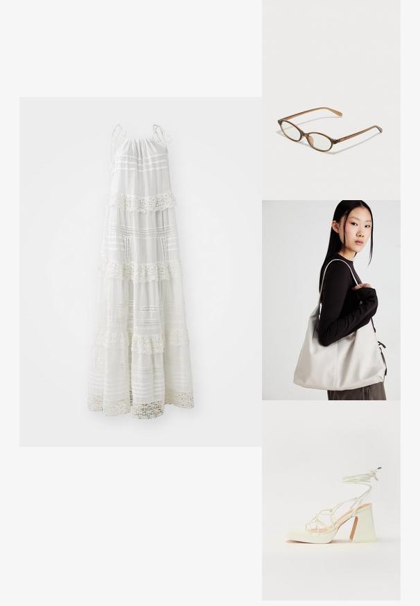 Valge maksikleit õhukeste rihmadega, millel on kihilised volangid, pitsidetailid ja horisontaalsed triibud kogu ulatuses. Kerge kangas.; Valged kõrge kontsaga sandaalid, millel on paks konts ja rihmadega disain koos pahkluu sidumisega. Sile tekstuur ja platvorm ees, et lisada kõrgust.; Pruunid kilpkonnaläätsed ovaalsete objektiividega, õhukesed kaared ja läbipaistvad aktsendid. Templi peal on peene logoga. Sujuv, kergesti kandmiseks mõeldud disain.; Bež käekott pehme materjali, millel on lõtv disain, õmblustega detailid ja kaks õlarihma. Sobib igapäevaseks kasutamiseks.