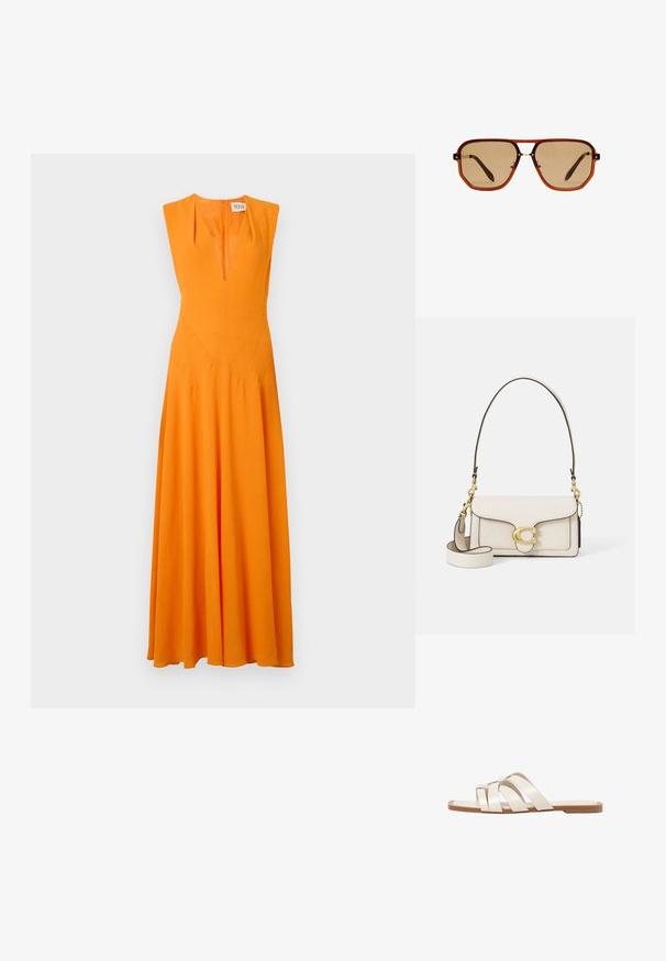Duga haljina bez rukava od svijetlo narančastog materijala s dubokim V-izrezom, prilagođenim tijelom i lepršavom suknjom. Šavovi na tijelu.; Ravne sandale s smeškom od gume, dizajnirane s tri preklapajuće bele kožne trake i malim detaljem mašne u sredini.; Smeđe osmerokutne naočale za sunce s prozirnim jantarno smešanim okvirom i smešanim lećama. Sadrže metalni detalj na nosu i vitke tempere.; Kremasta kožna torba s oblikovanjem, kontrastnim crnim rubovima, zlatnim detaljima i odvojivim remenom s potpisanim logotipom.