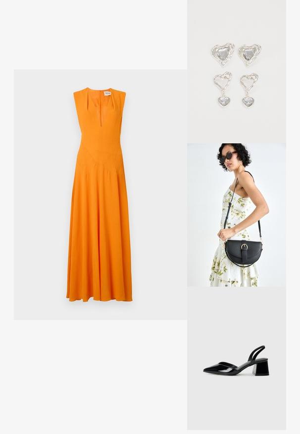 Vestido longo e sem mangas em tecido laranja vibrante, com um decote em V profundo, corpete justo e saia evasê. Detalhes de costura no corpete.; Sandy em verniz preto com salto slingback, ponta afilada e salto geométrico. Apresenta um design elegante e minimalista com textura suave.; Bolsa de couro preta com forma curva, alça destacável e detalhes em dourado. A bolsa possui uma aba com detalhe de fivela.; Os brincos em forma de coração prateados apresentam pedras claras facetadas, com uma moldura texturizada. O conjunto inclui estilos de botão e de gota.
