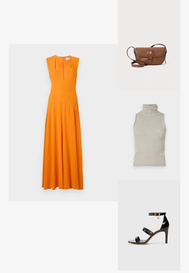 Dlouhé šaty bez rukávů v jasně oranžové látce s hlubokým véčkovým výstřihem, těsným korzetem a rozšířenou sukní. Švy na korzetu.; Top bez rukávů s vysokým, těsným rolákem a vertikálními černobílými pruhy, vyrobený z texturované pleteniny.; Černé lakované kožené sandály se třemi pásky, sponou na kotníku a 10 cm jehlovým podpatkem. Obsahují zlaté kovové detaily a logo přívěsek.; Hnědá kožená crossbody taška s zakulaceným klopou, zlatými kovovými prvky a dekorativním logem. Popruh je nastavitelný a má hladkou texturu.