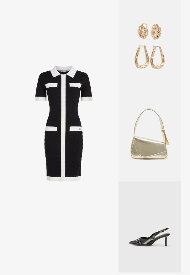Fekete, testhezálló ruha texturált anyagból, rövid ujjakkal, fehér gallérral és függőleges fehér csíkokkal; két elülső zsebbel rendelkezik, fehér díszítéssel.; Fekete lakk bőr, hegyes orrú slingback cipő, boka pántokkal, ezüst csatokkal és hardverelemekkel, valamint karcsú sarkú.; Arany fémes kézi táska, strukturált dizájnnal, sima felülettel és állítható pánttal. Egyedi háromszög alakú, minimalistának mondható varrásokkal rendelkezik.; Aranyszínű fülbevalók, texturált, hullámos formákkal. Tartalmazza a szobrászati klipszes studokat és az open hoop kialakítást, kalapácsos felülettel.