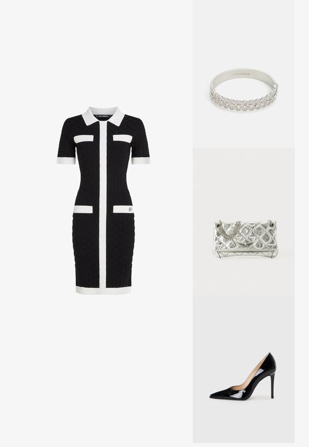 Vestido preto ajustado com tecido texturizado, mangas curtas, colarinho branco e riscas brancas verticais; possui dois bolsos frontais com detalhe branco.; Sabrinas de salto alto em couro envernizado preto com um design de bico fino e uma silhueta elegante. Apresenta um acabamento suave e brilhante, além de um salto fino e esguio.; Bolsa metálica prateada com pega de corrente, textura acolchoada, costura decorativa e fecho com ziper. Apresenta detalhes em relevo na parte frontal.; Pulseira prateada com uma linha de cristais redondos e transparentes, padrão texturizado, superfície interna lisa e fecho de clasp.