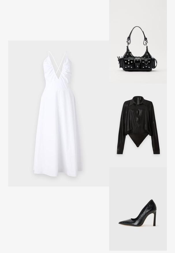 Abito bianco senza maniche con scollatura a V profonda e dettagli incrociati sulla schiena. Silhouette a forma A con una texture liscia e tessuto fluido.; Body nero con maniche lunghe, scollo a V e silhouette aderente. Realizzato in tessuto lucido e liscio con colletto e polsini strutturati.; Scarpa nera con punta a punta alta in pelle di coccodrillo, caratterizzata da un design elegante, alto tacco a spillo e interno nero liscio.; Borsa a mano in pelle nera con design curvo, caratterizzata da borchie argentate, una fibbia e due tasche laterali. Tracolla regolabile per diverse opzioni di trasporto.