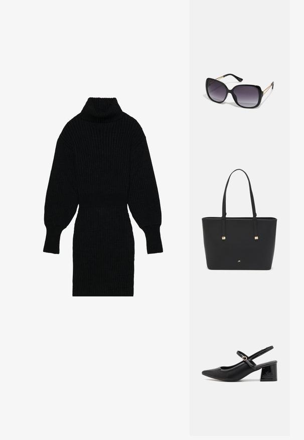 Fekete bordás kötött pulóverruha magas gallérral, hosszú ballon ujjakkal és karcsú derékkal, amely kiemeli a texturált anyagot és az áramvonalas sziluettet.; Fekete lakk bőr, pántos magassarkú cipő, hegyes orral, lekerekített kivágással és tömbsarkal. Arany színű csat díszíti.; Fekete, oversize napszemüveg fokozatos árnyalatú lencsékkel, vastag kerettel és arany színű lánc díszítéssel a szárakon.; Fekete tote táska szintetikus anyagból, egyszerű téglalap formájú dizájnnal, arany négyzet díszítésekkel és dupla fogantyúkkal.