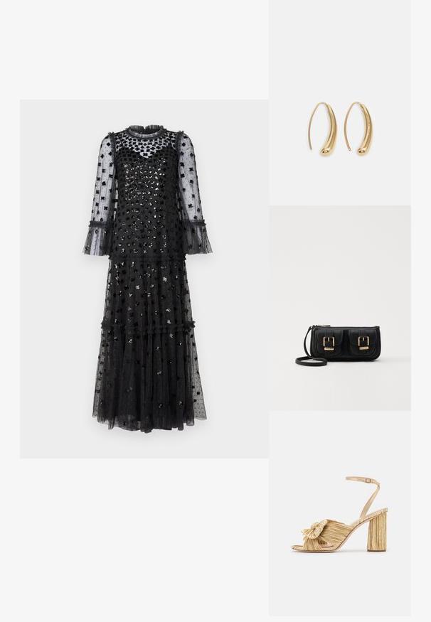 Needle & Thread GLISTEN TIERED GOWN - Gallakjole - graphite; Guldhælede sandaler med en knyttet front, plisseret tekstur og en ankelrem. Blokhælen har et ribbet design, der forbedrer grebet.; Sort læder crossbody taske med to frontlommer, guldspænder, lynlåslukning og en slank rem. Struktureret overflade og kompakt rektangulær form.; Guldfarvede metal hoops øreringe med en bøjet, forlænget form. Har en glat, skinnende overflade og en afrundet spids for ekstra detalje.
