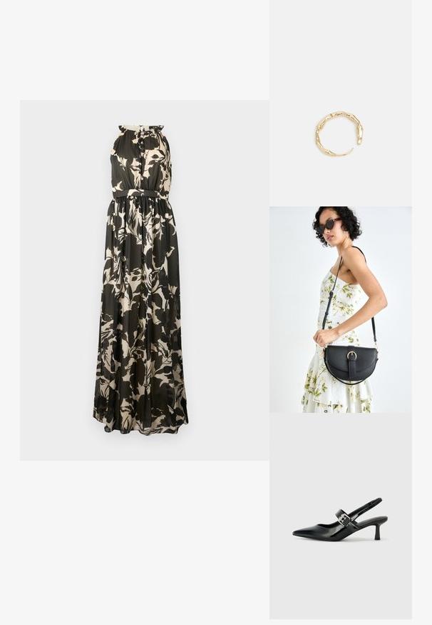 Maxi šaty s bezrukávovým dizajnom, s čierno-bežovým kvetinovým vzorom, s gathered pásom a prúdnou textúrou látky.; Čierne patentové kožené sandále na podpätku so špicatou špičkou a malým blokovým podpätkom, s dekoratívnou striebornou sponou na remienku.; Čierna kožená kabelka s zaobleným tvarom, odnímateľným popruhom a zlatými doplnkami. Kabelka má klopu s detailom s prackou.; Prsteň v zlatej farbe s organickým, skrúteným dizajnom, hladkým povrchom a zužujúcimi sa koncami, vytvárajúci moderný, sochársky vzhľad.