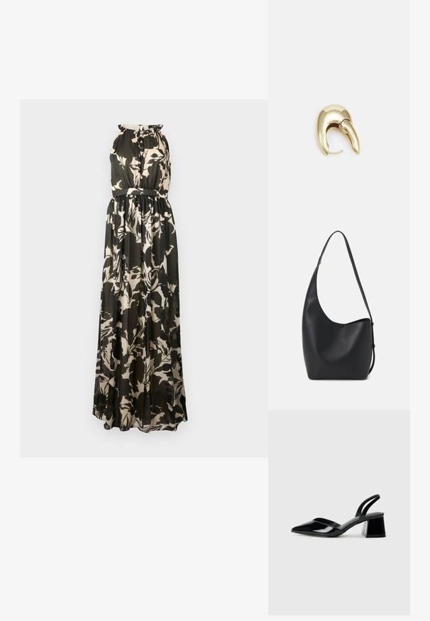Maxi šaty s bezrukávovým dizajnom, s čierno-bežovým kvetinovým vzorom, s gathered pásom a prúdnou textúrou látky.; Čierne lakované kožené sandálové podpätky s špicatou špičkou a geometrickým blokovým podpätkom. Disponujú elegantným, minimalistickým dizajnom a hladkým povrchom.; Čierna kožená hobo taška so hladkou textúrou, zakriveným tvarom a jedným nastaviteľným popruhom; má široké otvorenie na vrchu.; Náušnice z kovu v zlatej farbe s elegantným, zakriveným dizajnom. Majú charakteristický špicatý tvar, leštený povrch a uzáver na pánt.