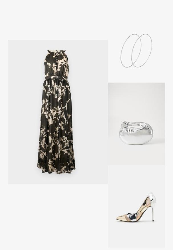 Maxi obleka brez rokavov, s črno-bež cvetličnim vzorcem, z odebeljenim pasom in gladkim drapiranim materialom.; Čevlji z visoko peto in konico, v barvni kombinaciji srebrne, zlate in nude. Sijajna obdelava z izrezljanim dizajnom, z igličasto peto.; Srebrna kovinska torbica z mehko, zaobljeno obliko in zavezano zgornjo zaporo. Narejena iz gladkega umetnega usnja.; Srebrne uhane v obliki obroča z minimalističnim dizajnom. Krožna oblika, gladka tekstura in tanek profil. Lahki s poliranim zaključkom.