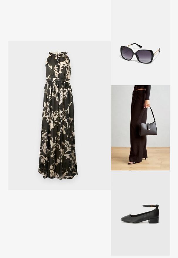 Maxi obleka brez rokavov, s črno-bež cvetličnim vzorcem, z odebeljenim pasom in gladkim drapiranim materialom.; Črne usnjene pumpice z nazobčanimi prsti in nizko blokasto peto. Imajo trak okoli gležnja z zaponko v zlatem tonu. Gladka tekstura.; Črne prevelike sončne očala z degradacijskimi lečami, debelimi okvirji in zlatimi verižicami na ročajih.; Črna torbica z strukturirano obliko, gladko teksturo in kovinskim zaponko. Ujemajo se z širokimi črnimi hlačami in odprtimi sandali na lesenem tleh.
