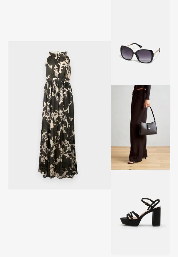 Ilga suknelė be rankovių, su juoda ir smėline gėlių raštu, susirinkusia juosmens dalimi ir plačiu audinio tekstūru.; Juodos zomšinės platformos šlepetės su storu kulnu, turinčios kryžminius įtempimo dirželius ir sagtimi reguliuojamą kulkšnies dirželį saugiam prigludimui.; Juodos didelės saulės akinių su pereinamais objektyvais, storomis rėmeliais ir auksinės spalvos grandinėmis ant šventyklų.; Juodas rankinė struktūrizuota forma, lygi tekstūra ir metalinis užsegimas. Suporuota su plačiomis juodomis kelnėmis ir atvirais bateliais ant medinių grindų.