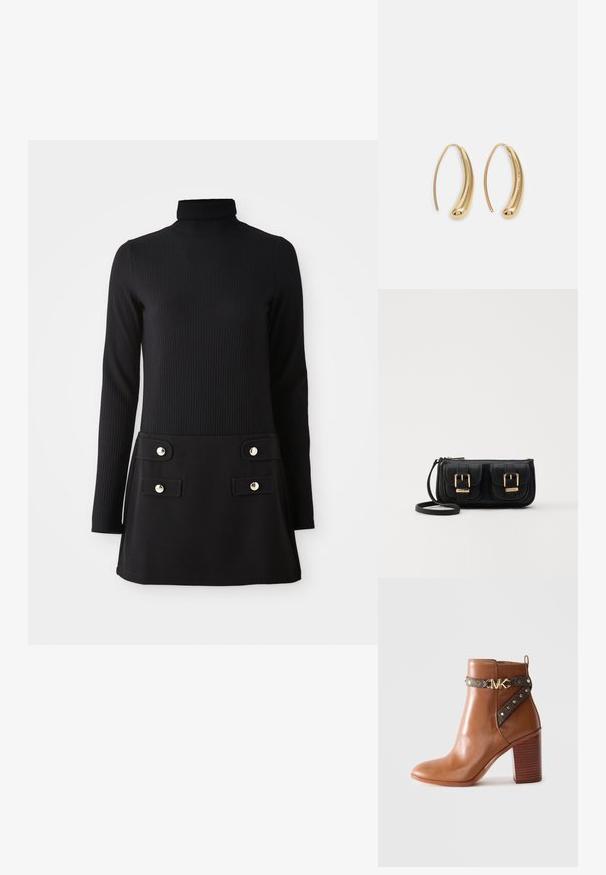Vestito nero a collo alto a coste con maniche lunghe, caratterizzato da un corpetto aderente e una gonna svasata con due tasche anteriori e bottoni dorati.; Stivale alla caviglia in pelle marrone con tacco a blocco impilato, cinturino laterale con borchie dorate e una fibbia con logo "MK" dorato.; Borsa a tracolla nera in pelle con due tasche frontali, fibbie dorate, chiusura con zip e una tracolla sottile. Superficie texturizzata e forma rettangolare compatta.; Orecchini a cerchio in metallo color oro con forma curva ed allungata. Presentano una superficie liscia e lucida e una punta arrotondata per un tocco di dettaglio in più.