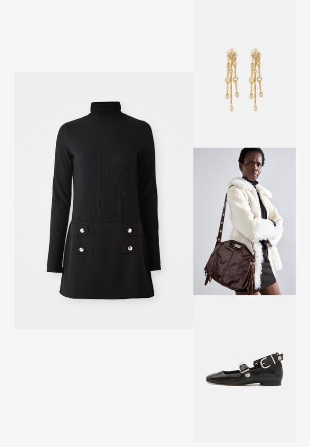 Schwarzes, geripptes Rollkragenkleid mit langen Ärmeln, das einen taillierten Oberteil und einen ausgestellten Rock mit zwei vorderen Taschen und goldfarbenen Knöpfen hat.; Schwarze Lackleder-Ballerina mit eckiger Zehenpartie, Knöchelriemen mit silberner Hardware und flacher Sohle. Glatte Textur mit minimalistischen Design.; Braune Lederhandtasche mit strukturierter Oberfläche, gefalteten Kanten und seitlichen Quasten; ausgestattet mit einem abnehmbaren Schultergurt mit metallischen Akzenten.; Goldtonige Ohrringe mit mehreren kaskadierenden Ketten, verziert mit klaren ovalen Strasssteinen und dekorativen Ohrsteckern.