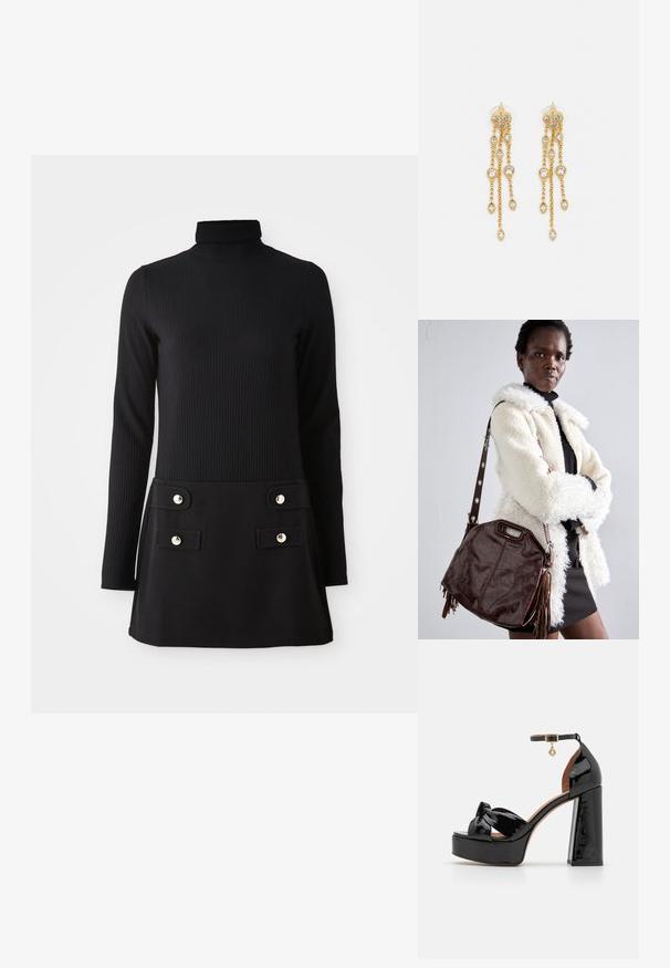 Sort ribbet turtleneck kjole med lange ærmer, med en tætsiddende overdel og en udvidet nederdel med to forlommer og knapper i guldfarve.; Maje Højhælede sandaletter / Højhælede sandaler - noir; Brun læderhåndtaske med en tekstureret overflade, plisserede kanter og sidehængsler; har en aftagelig skulderrem med metaldetaljer.; Guldtonede øreringe med flere kaskadende kæder, der har klare ovale rhinestein-accenter og dekorative studtoppe.