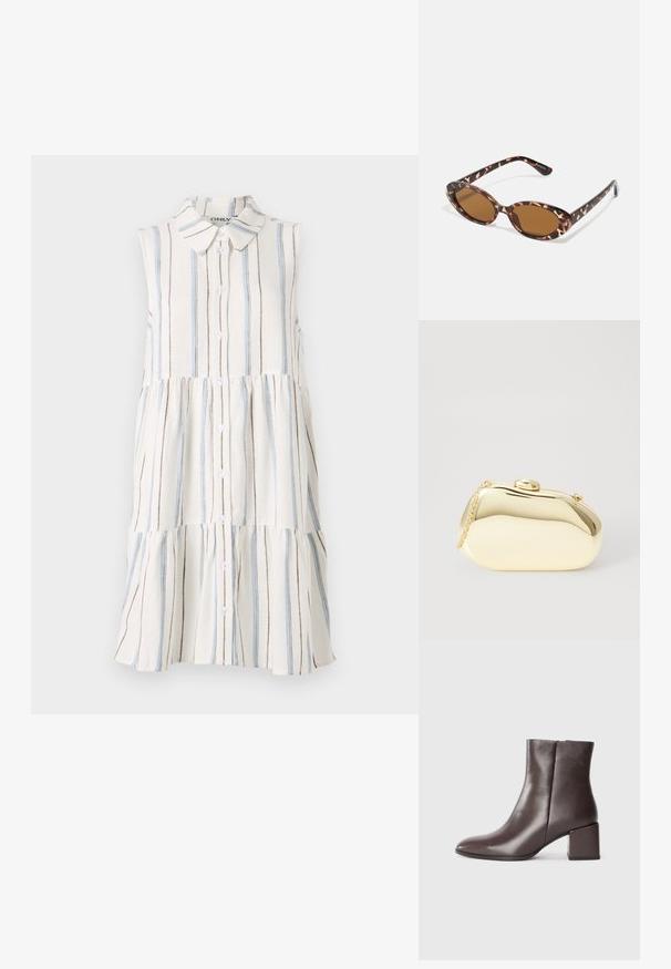 Vestido sem mangas com decote de gola, apresentando riscas horizontais em azul, castanho e creme, e fecho de botões na frente.; Bota de tornozelo em pele castanha com um design elegante, biqueira em ponta e salto quadrado. Textura suave e silhueta minimalista.; Óculos de sol em tartaruga com lentes ovais, com tonalidade castanha, hastes finas com padrão texturizado, estrutura leve em plástico.; Clutch metálico dourado com uma forma suave e arredondada, apresentando um fecho de botão superior e uma pequena alça em corrente para transporte.