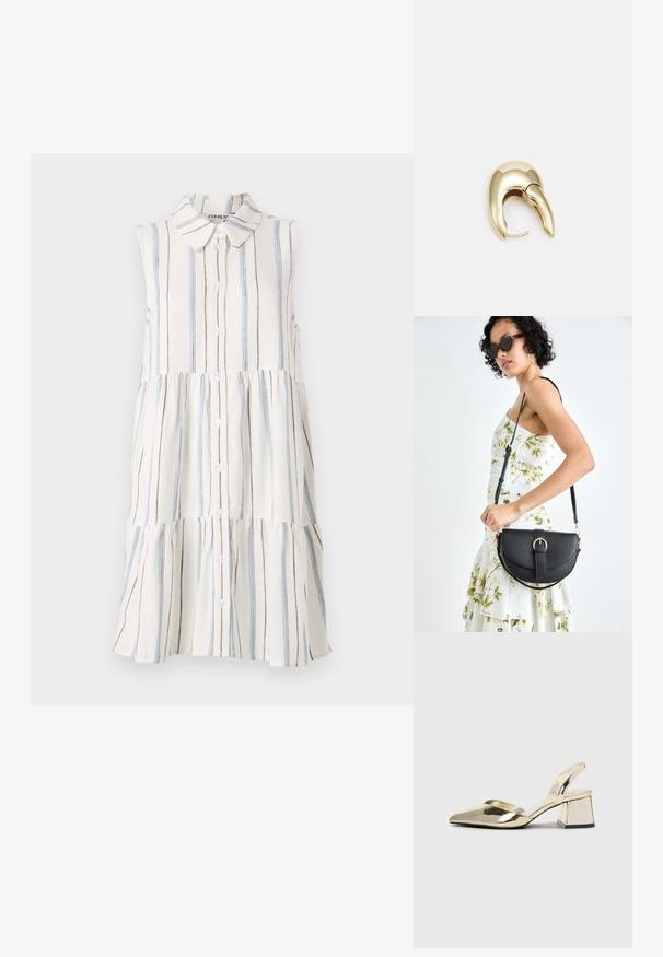 Bezrukávové šaty s golierovým výstrihom, so horizontálnymi pruhmi v modrej, hnedej a krémovej farbe, a gombíkovým zapínaním vpredu.; Zlaté kovové lodičky na podpätku so špicatou špičkou a robustným podpätkom. Hladký povrch, minimalistický dizajn a úzka remienok.; Čierna kožená kabelka s zaobleným tvarom, odnímateľným popruhom a zlatými doplnkami. Kabelka má klopu s detailom s prackou.; Náušnice z kovu v zlatej farbe s elegantným, zakriveným dizajnom. Majú charakteristický špicatý tvar, leštený povrch a uzáver na pánt.