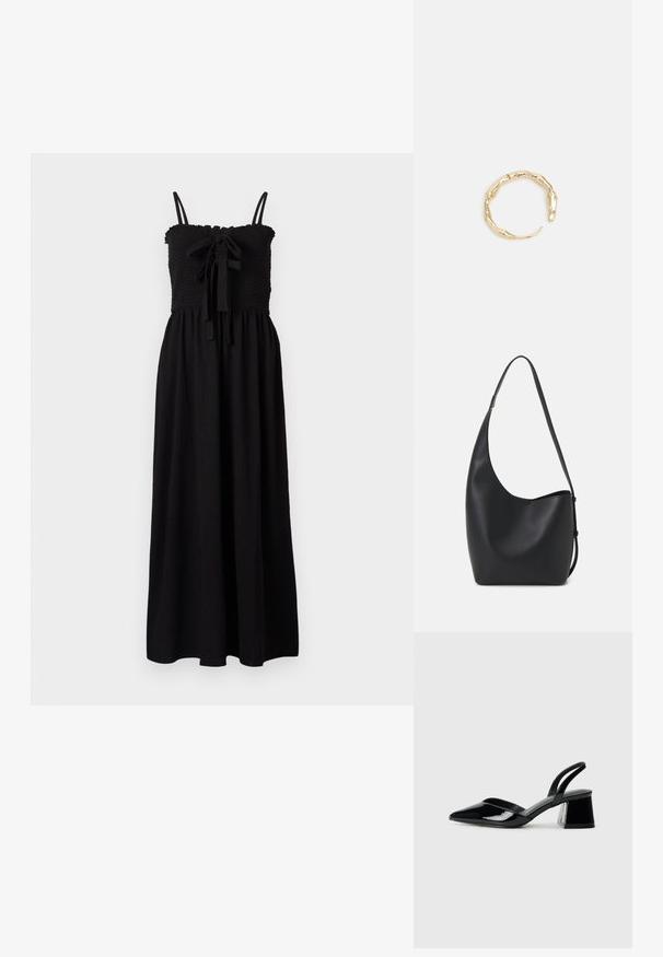Schwarzes Maxikleid mit einem gerafften Oberteil, verstellbaren Spaghettiträgern und einem Bindedetail an der Vorderseite. Aus einem strukturierten Stoff gefertigt.; Schwarze Lackleder-Slingback-High Heels mit spitzem Schuh und einem geometrischen Blockabsatz. Verfügt über ein schlankes, minimalistisches Design und eine glatte Textur.; Schwarze Leder-Hobo-Tasche mit einer glatten Textur, geschwungener Form und einem einzelnen verstellbaren Tragegurt; verfügt über eine weite Öffnung am oberen Ende.; Goldfarbener Ring mit einem organischen, gedrehten Design, glatter Oberfläche und sich verjüngenden Enden, was ein modernes, skulpturales Erscheinungsbild erzeugt.