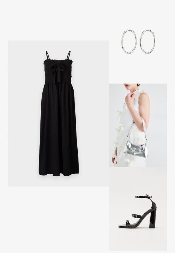 Čierne maxi šaty so smockovaným dekoltom, nastaviteľnými ramienkami a viazaním vpredu. Vyrobené z štruktúrovanej tkaniny.; Čierne lakované sandále na podpätku so štvorcovou špičkou, navlečenými remienkami okolo členku a striebornými prackami. Disponujú masívnym blokovým podpätkom pre stabilitu.; Strieborná metalická kabelka so štruktúrovaným tvarom, ktorá má hornú rukoväť a mašľu na prednej strane. Hladká textúra, reflexný povrch.; Strieborné kruhové náušnice s hladkým a lešteným povrchom. Okrúhly tvar, ľahký dizajn, s bezpečným zapínacím mechanizmom.