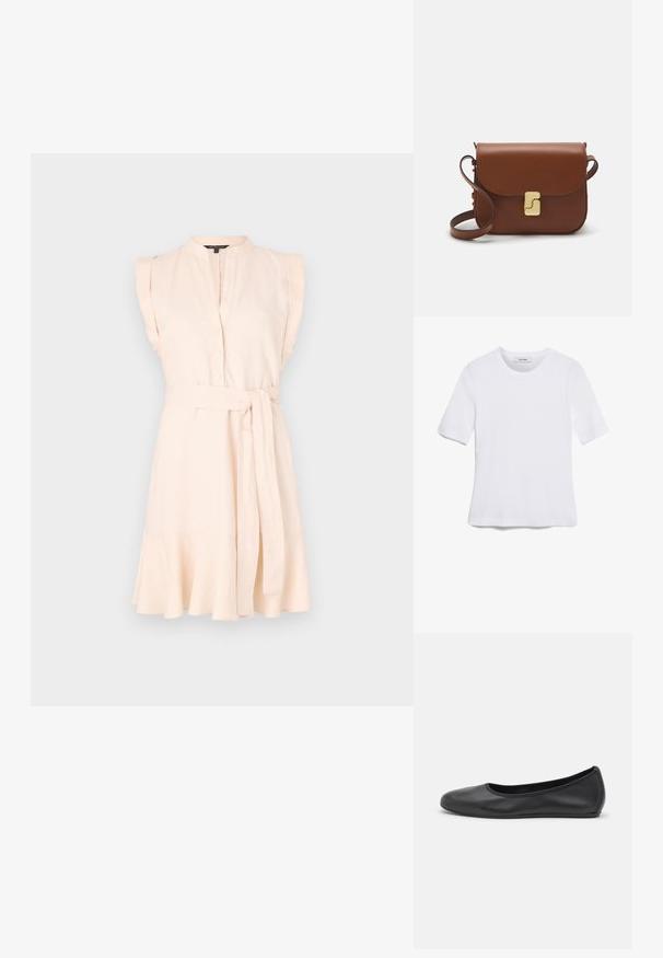 Vestido rosa claro com frente abotoada, colarinho mandarin, design sem mangas e cintura ajustável com um cinto amarrado. Apresenta uma barra rodada. Textura suave.; T-shirt de manga curta branca feita de tecido canelado. Decote redondo, ajuste regular e detalhes de costura subtis. Sem padrões ou gráficos.; Bailarina preta em pele com bico arredondado, textura suave, detalhe de costura minimalista e design de sola flexível.; Bolsa de couro castanho com fecho de aba, decoração em tom dourado, alça de ombro e textura suave. Formato retangular compacto.