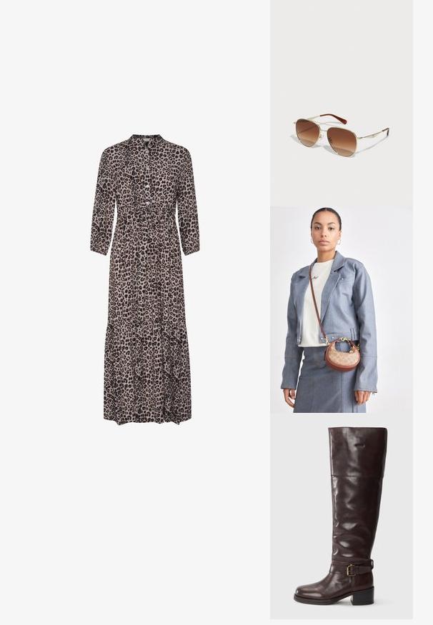 Leopardimusteriga maksikleit, millel on kaelus, nööpidega ees, kolmekvartsi varrukad ja kihiline hem. Pehme kangas ja mugav istuvus.; Pruunid nahast üle põlvede saapad, ümmarguse ninaga, laia varrega, pahkluu juures pandlaga ja madala ploki kontsaga.; Kuldsete metallraamidega prillid, millel on gradiendid pruunid läätsed. Omab ainulaadset geomeetrilist kuju ja pruuni aktsente varrestel. Kerge disain.; Väike pruun ja beež käekott klassikalise logo mustriga, kuldsete detailide ja kaarekujulise kujustusega, mida on kombineeritud teksajaki ja seelikuga.