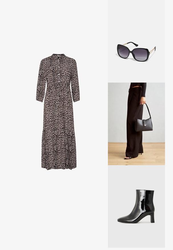 Maksi obleka z leopardjim vzorcem, ki ima ovratnik, sprednje gumbe, tri četrtinske rokave in večplastni spodnji rob. Mehka tkanina z sproščenim krojem.; Črne lakirane gležnjarje z ošiljenim nosom in srednje visokim blokastim peto. Gladka tekstura in minimalističen dizajn.; Črne prevelike sončne očala z degradacijskimi lečami, debelimi okvirji in zlatimi verižicami na ročajih.; Črna torbica z strukturirano obliko, gladko teksturo in kovinskim zaponko. Ujemajo se z širokimi črnimi hlačami in odprtimi sandali na lesenem tleh.