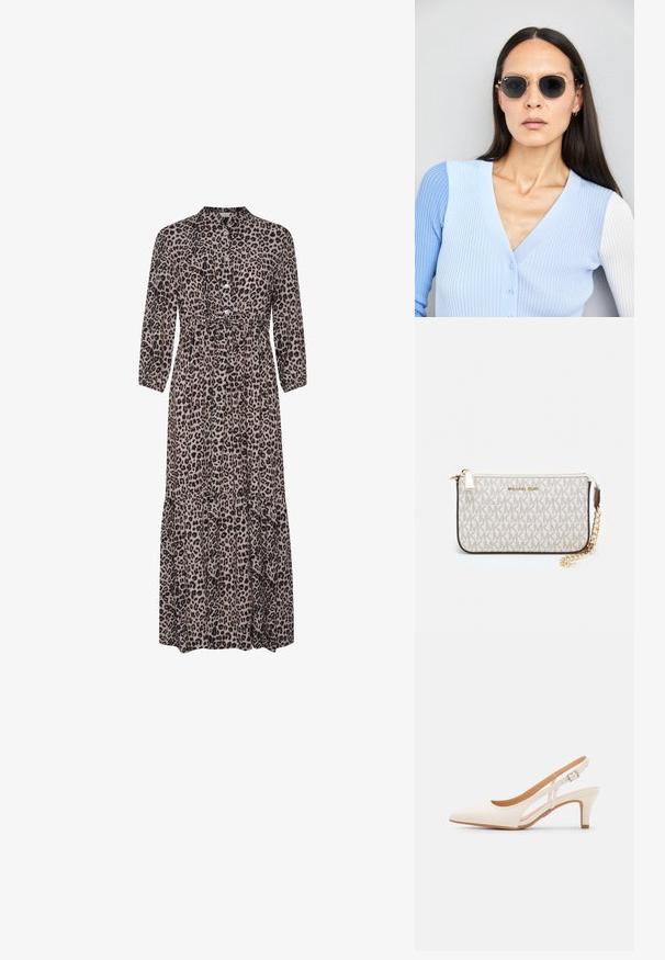 Leopárdmintás maxi ruha galléros nyakkal, gombos elejével, háromnegyedes ujjal és réteges alsó résszel. Puha anyag, amely lazán ül a testen.; Fehér slingback sarok, hegyes orral, sima felső anyaggal, alacsony blokk sarkával és oldalsó kivágott dizájnnal, állítható csatpánttal.; Kerek napszemüveg sötét lencsékkel és arany kerettel. A modellen világoskék, bordázott kardigán van gombokkal és kontrasztos fehér ujjaival.; Michael Kors bézs bevonatos vászon karkötő, amely ismétlődő MK logó mintával, aranyszínű fémrészletekkel és levehető lánchordóval rendelkezik.