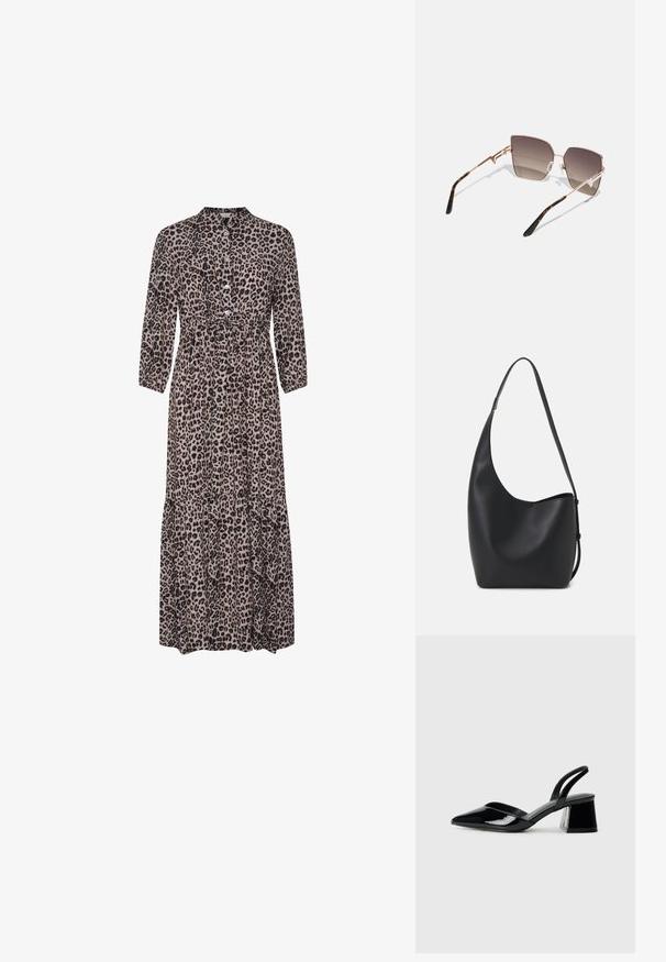 Robe maxi à imprimé léopard avec un col, boutonnage à l'avant, manches trois-quarts et ourlet à volants. Tissu doux avec une coupe décontractée.; Escarpins en cuir verni noir avec bout pointu et talon bloc géométrique. Présente un design élégant et minimaliste ainsi qu'une texture lisse.; Lunettes de soleil avec une monture métallique rose doré, verres angulaires dégradés du brun foncé au brun clair, et motif écaille sur les branches.; Sac hobo en cuir noir avec une texture lisse, une forme incurvée et une seule sangle réglable ; dispose d'une large ouverture en haut.