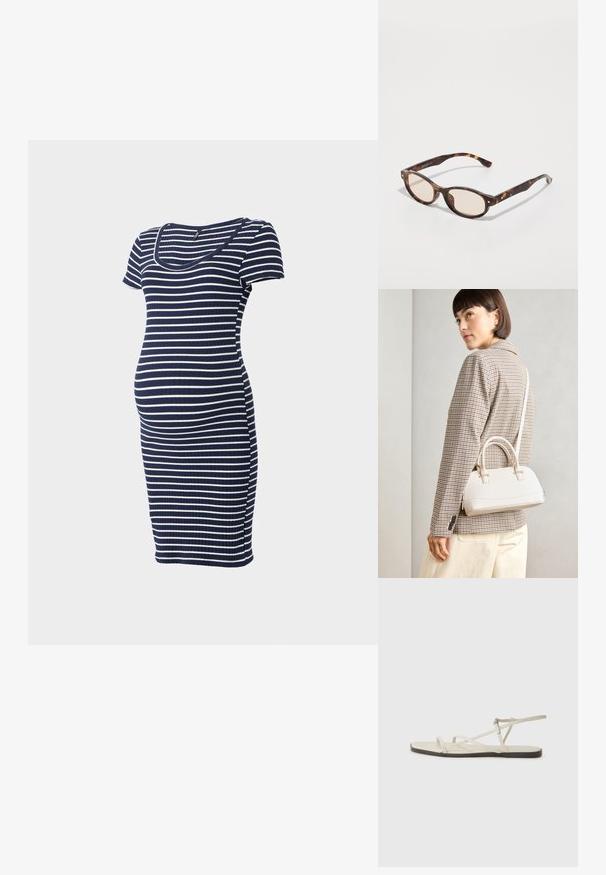 Grūtniecības kleita jūras zilā krāsā ar baltām horizontālām svītrām. Īsas piedurknes, ribota tekstūra, pieguļošs dizains, līdz ceļiem.; Bežīgas plakanas čības ar vairākiem plāniem siksniņām un regulējamu sprādzi. Zole ir plakana ar nelielu tumšu kontrastu malā.; Tortoiseshell saules brilles ar noapaļu formu un gaišiem stikliem. Aprīkotas ar izturīgām kājām ar mazām zelta akcentiem, izgatavotas no plastmasas materiāla.; Balta strukturēta roku soma ar īsām rokturiem un plecu siksnu, ar zelta aparatūras akcentiem un strukturētu materiālu, izstādīta uz pelēka fona.