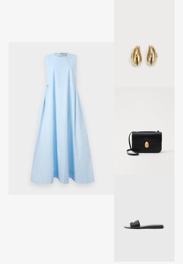 Käeaukudeta, helesinine, põrandani ulatuv A-lõikega kleit ümmarguse kaelusega ja tagumise lukuga.; Mustad musta sandaalid laia pealskega, siledast nahast, avatud varvaste disainiga ja kuldse aktsendiga rihmal. Tasane tald.; Must kase nahast käekott, millel on struktureeritud ristkülikukujuline kuju. Omab kuldset ovaalset lukku ja õhukest õlavarre rihma. Sile tekstuur.; Kuldtooni kõrvarõngad voolava ja kõvera disainiga. Igal kõrvarõngal on sile pind ja väike klamber dekoratiivse detailiga.