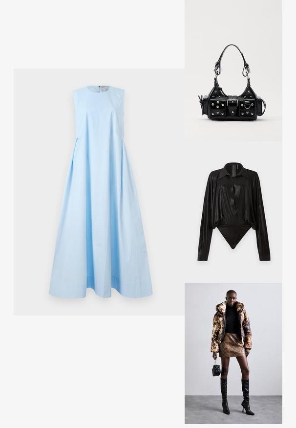 Bezramenné, svetlomodré, dlhé šaty v A-línie so okrúhlym výstrihom a zipsom na zadnej strane.; Čierny body s dlhými rukávmi, výstrihom do V a priliehavým strihom. Vyrobené z lesklého, hladkého materiálu so štruktúrovaným golierom a manžetami.; Bundička s kapucňou so hnedo-čiernym vzorom, skombinovaná s mini suknou s hadím vzorom v hnedej farbe, čiernymi čižmami po kolená a malou čiernou kabelkou.; Čierna kožená kabelka s zakriveným dizajnom, doplnená striebornými cvočkami, prackou a dvoma bočnými vreckami. Nastaviteľný popruh poskytuje rôzne možnosti nosenia.