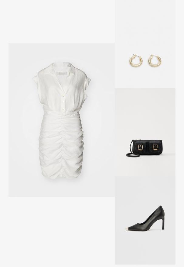 Robes blanches à manches courtes, avec une texture froncée, comportant un col et des boutons décoratifs sur le devant pour une silhouette ajustée.; Chaussure à talon haut en cuir noir avec bout pointu et capuchon argenté métallique. Présente une finition lisse et un talon fin de 10 cm.; Sac en cuir noir porté en travers avec deux poches avant, boucles dorées, fermeture zippée et une sangle fine. Surface texturée et forme rectangulaire compacte.; Lauren Ralph Lauren BASIC SMALL HOOP - Boucles d'oreilles - gold-coloured