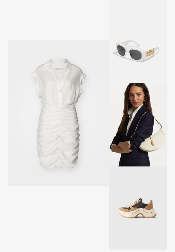 Vestito bianco a maniche corte con texture arricciata, dotato di colletto e bottoni decorativi frontali per una silhouette aderente.; Sneaker con suola chunky in beige e marrone scuro con dettagli in suede, lacci bianchi e un piccolo charm dorato MK sul lato.; Occhiali da sole bianchi a forma ottagonale con lenti scure. Presentano dettagli in ottone dorato e un design testurizzato sulle aste.; Borsa a mano bianca in pelle con forma curva, accessori in oro e finitura testurizzata, indossata sopra un blazer scuro e una camicia bianca.