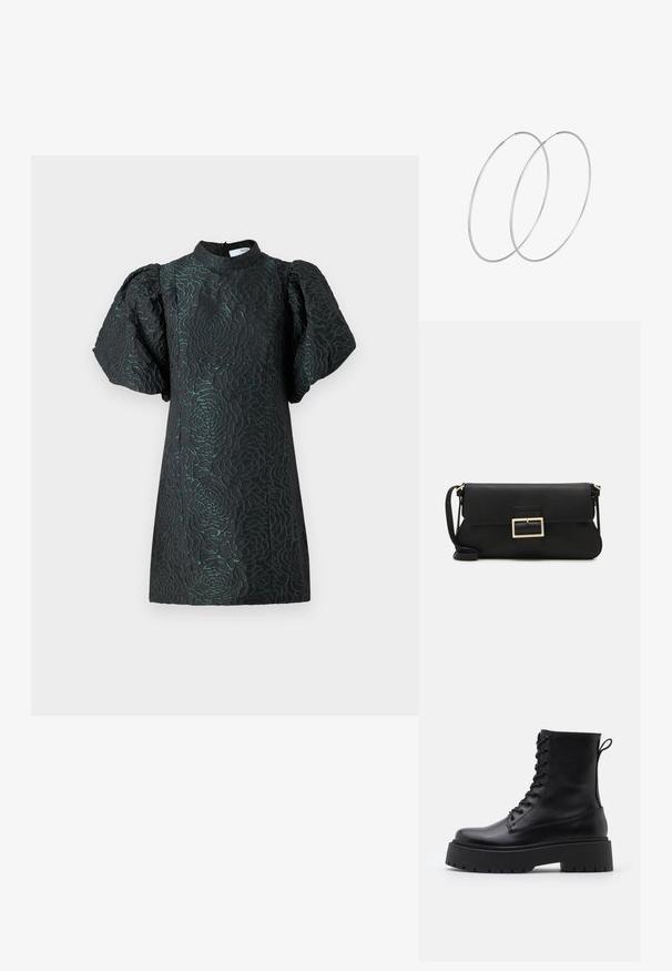 Selected Femme SLFSIV VILMA SHORT DRESS - Koktejlové šaty / šaty na párty - scarab; Černé kožené kotníkové boty s kulatou špičkou, šněrováním na přední straně a silnou gumovou podešví s texturovaným vzorkem. S poutkem vzadu.; Černá kožená psaníčko s klopou a zlatým kovovým detailním sponou. Součástí je černý popruh a elegantní, minimalistický design.; Stříbrné kruhové náušnice s minimalistickým designem. Kruh, hladký povrch a tenký profil. Lehká konstrukce s lesklým povrchem.