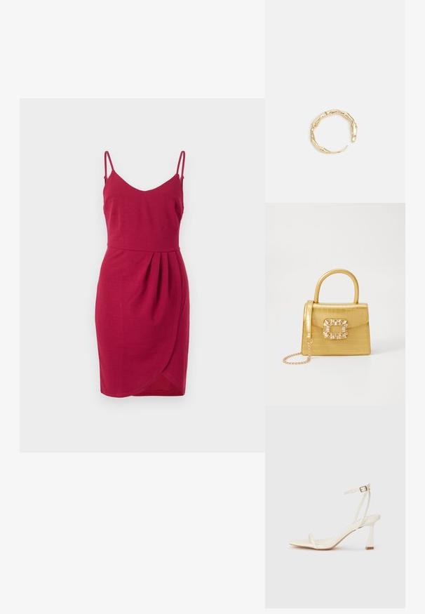 Červené šaty do tlače s tenkými nastaviteľnými ramienkami, výstrihom do V a nariasením v páse, so zavinovacím dizajnom na okraji.; Biele sandále na opätku s tenkým pásikom, štvorcovou špičkou a špicatým opätkom. Vyrobené z hladkého materiálu s minimalistickou estetikou.; Žltá falošná krokodília kabelka so štruktúrovaným dizajnom, horným držadlom, odnímateľným reťazovým popruhom a dekoratívnym kryštálovým ozdobením na zapínaní.; Prsteň v zlatej farbe s organickým, skrúteným dizajnom, hladkým povrchom a zužujúcimi sa koncami, vytvárajúci moderný, sochársky vzhľad.