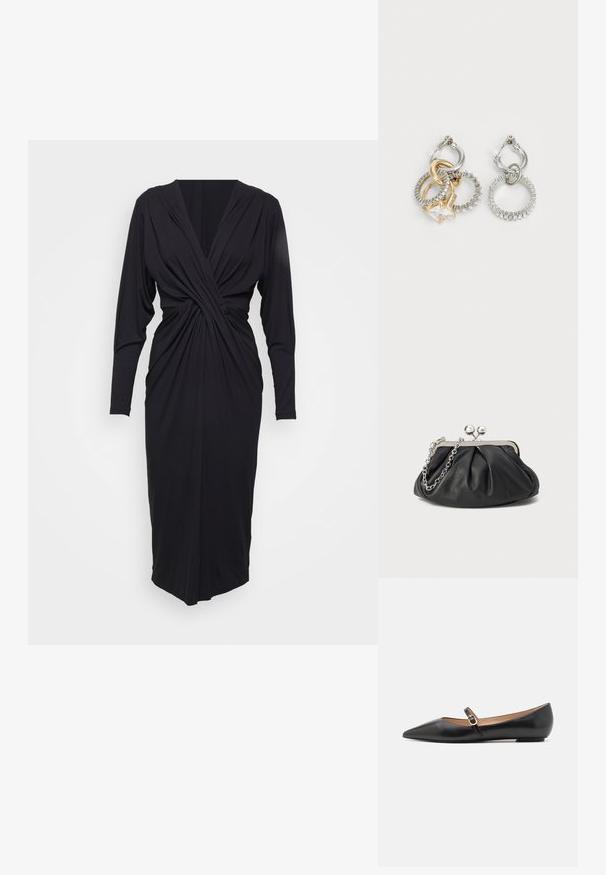 Diane von Furstenberg SYLVIA czarny; Czarne skórzane baletki z wydłużonym noskiem i bocznym paskiem z okrąłym złotym akcentem. Lekkie z płaską podeszwą.; Czarna skórzana kopertówka o marszczonej teksturze, srebrna metalowa rama, zamek na zatrzask i łańcuszek. Gładka, miękka powierzchnia.; Kolczyki typu hoop z plecionymi złotymi i srebrnymi pierścieniami, z akcentem w postaci przezroczystego cyrkonii oraz teksturowaną obrączką na jednym z pierścieni.